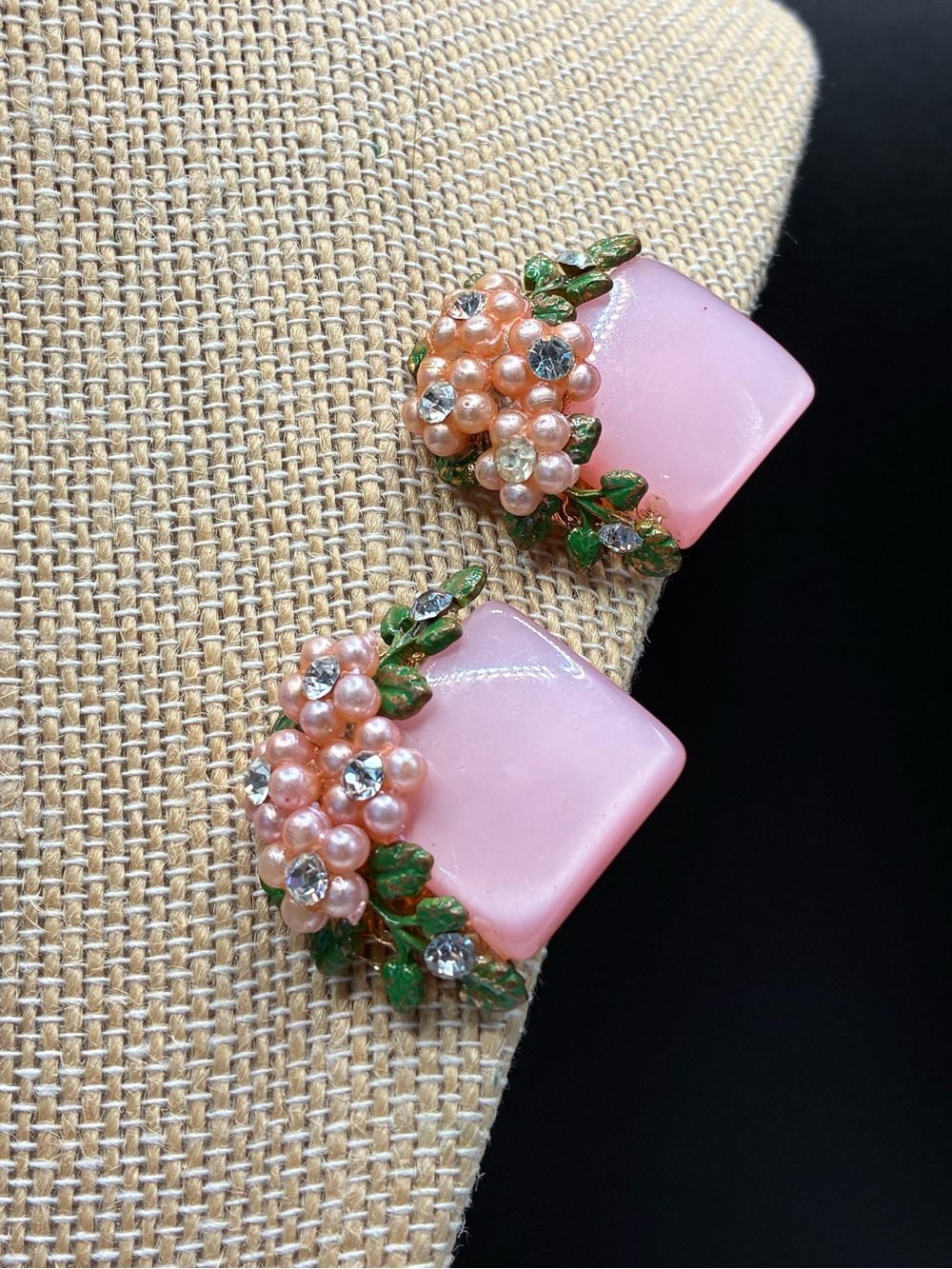 Vintage Resin Pink Floral Cluster Clip-On Earrings
